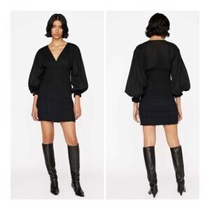 FRAME V-Neck Textured Smocked Blouson Puff Sleeves Mini Dress XS